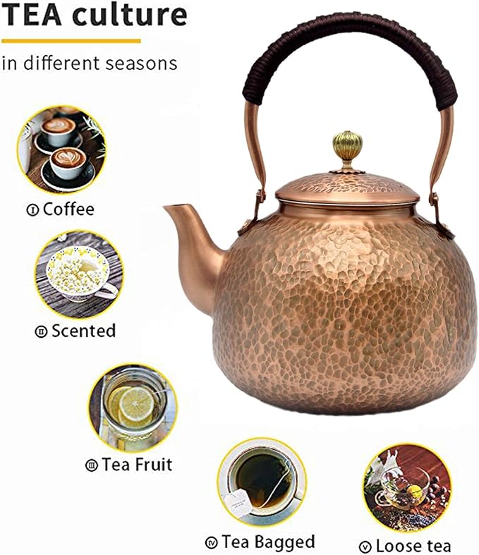 YJX Copper Tea Kettle For Stovetop, Japanese Style Non-Coating Pure Copper Teapot with Stainless Steel Infuser For Loose Tea, Large and Solid Tea Pot For 3-7 Cups (2000ml)
