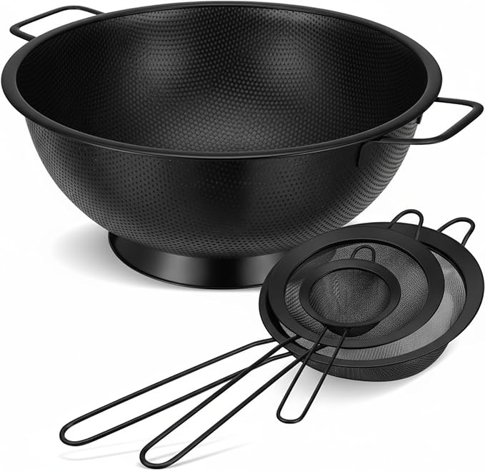 Norme 4 Quart Stainless Steel Black Colander and 3 Pcs Black Fine Mesh Strainer, Stainless Steel Pasta Rice Food Metal Strainer with Handles, Easy Clean and Dishwasher Safe