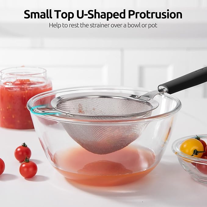 18/8 Stainless Steel Mesh Strainer: U-Taste 5.5 Inch Kitchen Fine Mesh Sieve Food Colander with Riveted Sturdy Silicone Handle and 30 Mesh Hole for Straining Flour, Pasta, Fruit, Quinoa (Black)