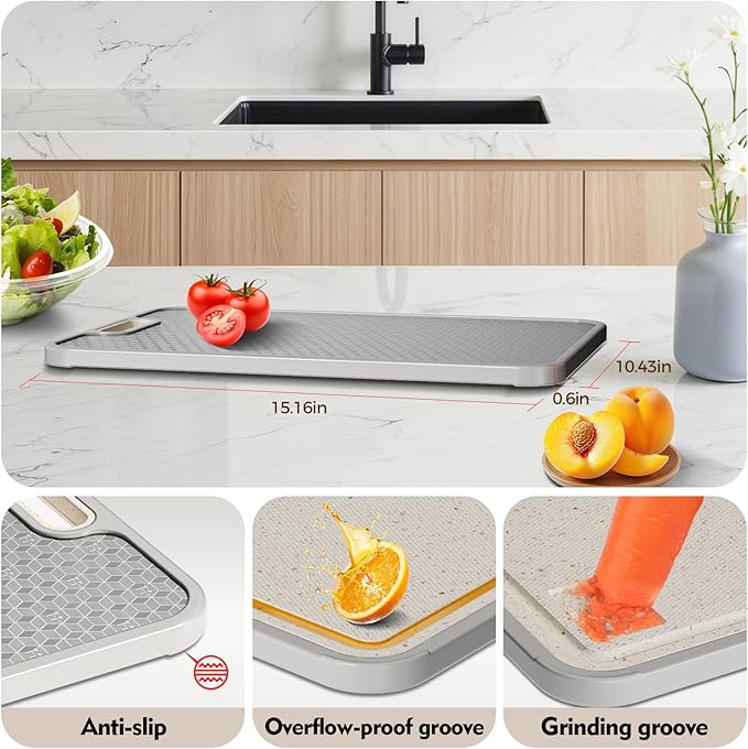 Titanium Cutting Board, Dual Sided Food Grade Titanium & Wheat Straw PP, Non Slip Scratch Resistant Easy Clean, cutting boards for kitchen, 15.16" x 10.43"