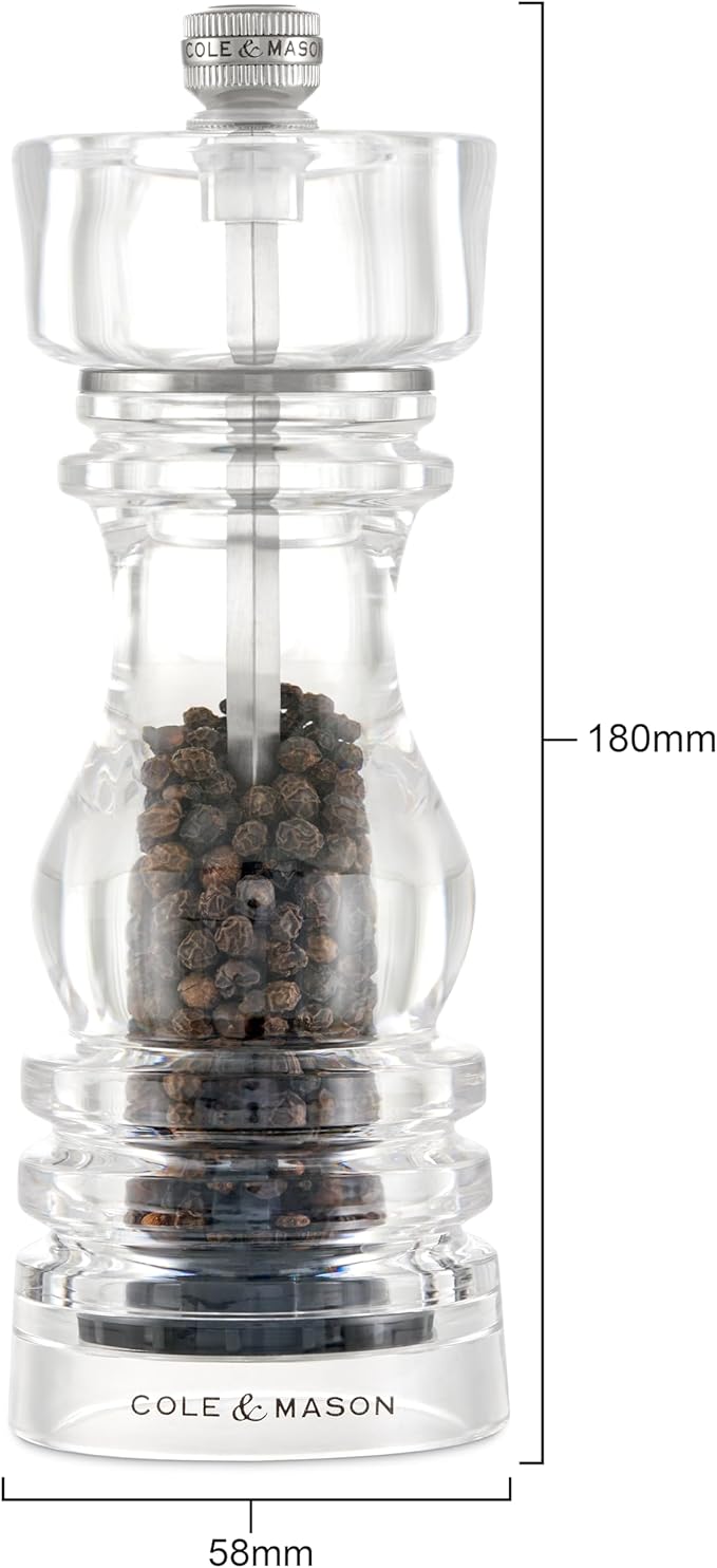 Cole & Mason London Refillable Spice Mill - Kitchen & Home Accessory - Table Black Pepper Grinder - Pepper Mill with Carbon Steel Mechanism - 7", Acrylic