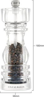 Cole & Mason London Refillable Spice Mill - Kitchen & Home Accessory - Salt & Pepper Grinder Set - Salt Mill with Ceramic Mechanism - Pepper Mill with Carbon Steel Mechanism - 7", Acrylic