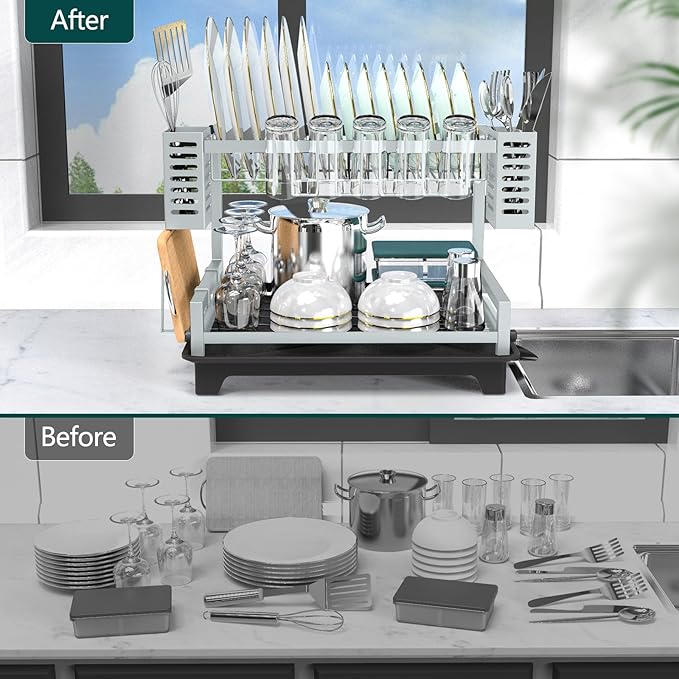 B-Land Dish Drying Rack, 2 Tier Dish Racks for Kitchen Counter, Large Dish Drying Rack with Drainboard & Utensil Holders, Rust-Proof Dish Drainers,Kitchen Organization