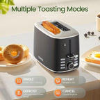 Toaster 2 Slice, Wide Slot for Toasting Bagel Muffin Waffle Gluten Free Breads, 7 Shade Settings, Defrost & Reheat, Stainless Steel, Easy Clean, Black