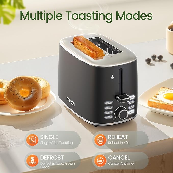 Toaster 2 Slice, Wide Slot for Toasting Bagel Muffin Waffle Gluten Free Breads, 7 Shade Settings, Defrost & Reheat, Stainless Steel, Easy Clean, Black