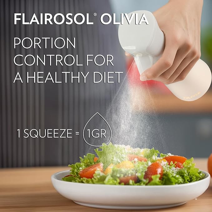 FLAIROSOL OLIVIA Oil Sprayer for Cooking, 200ml Glass Olive Oil Sprayer, Continuous Cooking Spray with Portion Control, Oil Dispenser for Kitchen, Air Fryer, Salad, BBQ (White Bottle, Gold Print)