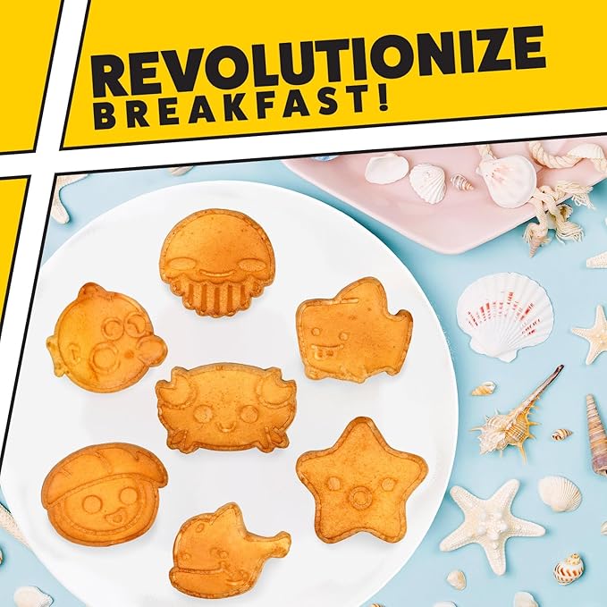 Sea Creature Mini Waffle Maker- Create 7 Different Ocean Animal Shapes in Minutes, Breakfast Fun Cool for Kids & Adults w/Novelty Aquatic Pancakes - Electric Non-Stick Waffler Iron, Holiday Gift