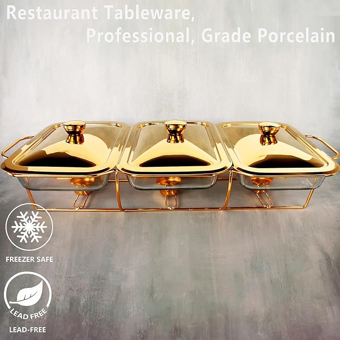 Casserole Dish Set Rectangle 3-in-1 Glass Baking Dish, with Stainless steel Lid and Gold rack, 1.3 Qt x 3 pcs Baking Pan For Casserole & Lasagna, Dishwasher Oven Freezer Microwave Safe