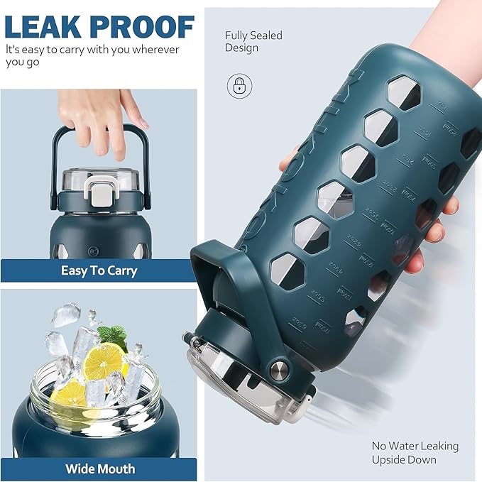 MUKOKO Half Gallon/64 oz Glass Water Bottles with Straw and Lid,Motivational Water Jug with Time Marker Reminder and Silicone Sleeve,100% Leakproof BPA Free Fitness Sports Large Bottle-Blue