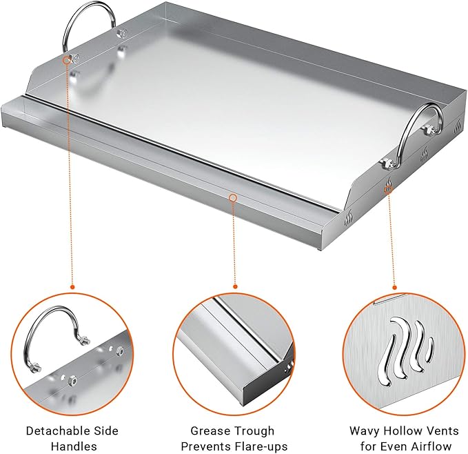 only fire Universal Stainless Steel Cooking Griddle, Flat Top Plate Insert with Grease Groove and Handles for Gas and Charcoal Grills, Tailgating, Camping and Parties, 23" x 16"