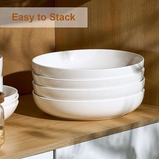 Jassceram Pasta Bowls Set of 4, 9.84 Inch 50oz Large Ceramic Salad Soup Bowls - Porcelain Serving Bowls for Kitchen & Restaurant, Microwave & Dishwasher Safe, White