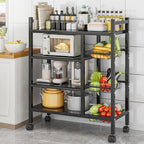 Kitchen Storage Bakers Rack with Wheels - Adjustable 4-Tier Microwave Stand with Storage Shelves, Kitchen Rack with 3 Wire Baskets,Microwave Stand, Metal Kitchen Cart for Pantry, (Black)
