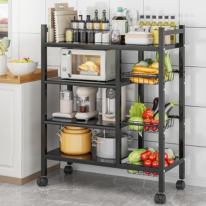 Kitchen Storage Bakers Rack with Wheels - Adjustable 4-Tier Microwave Stand with Storage Shelves, Kitchen Rack with 3 Wire Baskets,Microwave Stand, Metal Kitchen Cart for Pantry, (Black)