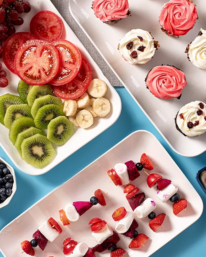 DELLING Large Serving Platter Set 14 inch Widened Large Serving Tray, White Rectangular Plates, Serving Platters for Entertaining, Serving Trays for Party, Oven Safe Dinnerware, Set of 3