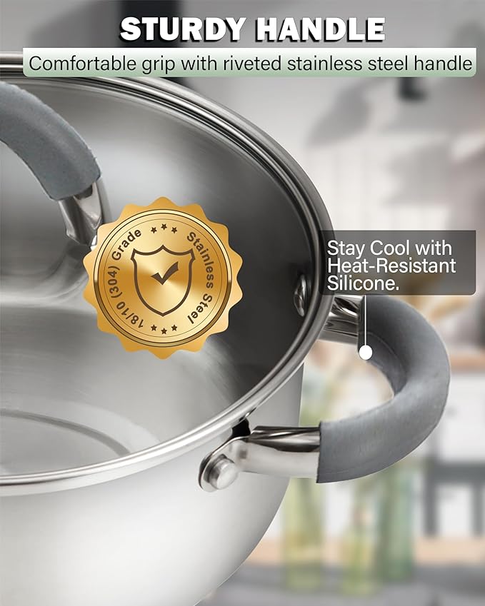 Cook N Home Kitchen Cookware Set, 12-Piece Basics Stainless Steel Pots and Pans Set with Gray Silicone Handle, Silver