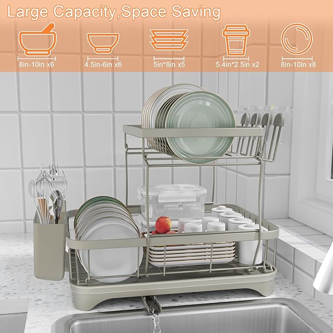 Dish Drying Rack for Kitchen Counter,Two-Tier Dish Rack with Utensil Holder, Auto-Draining Dish Racks, Large Capacity Dish Drainer Organizer for Plates, Bowls, Cups with Drainboard Grey