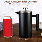 34 OZ Large French Press, Premium Stainless Steel Sturdy Insulated French Press Coffee Maker, 4-8 Cups French Coffee Press, Tea Presses for Home Kitchen Caming Loose Tea, Elegant Black