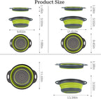Collapsible Colander 3-Pack Set Space-Saving Foldable Kitchen Strainer with Non-Slip Base Durable Thickened PP+TPE Collapsible Strainers for Pasta, Vegetables, Fruits (Gray-Green)