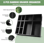 Bamboo Drawer Organizer Set, 8 PCS Multi-Use Wood Drawer Storage Boxes, Junk Drawer Organizer Divider Bins for Kitchen, Bathroom, Office Desk, Makeup, Jewelry, Utensils