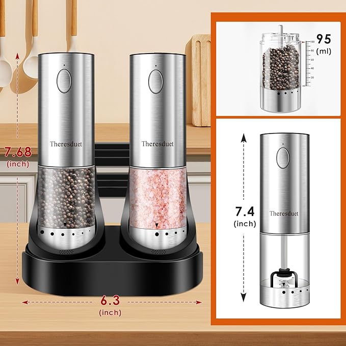 Upgraded Electric Salt and Pepper Grinder Set Automatic with Adjustable Grinding Speed and Externally Adjustable Coarseness, Rechargeable Pepper Grinder with USB Charging Base and LED Light