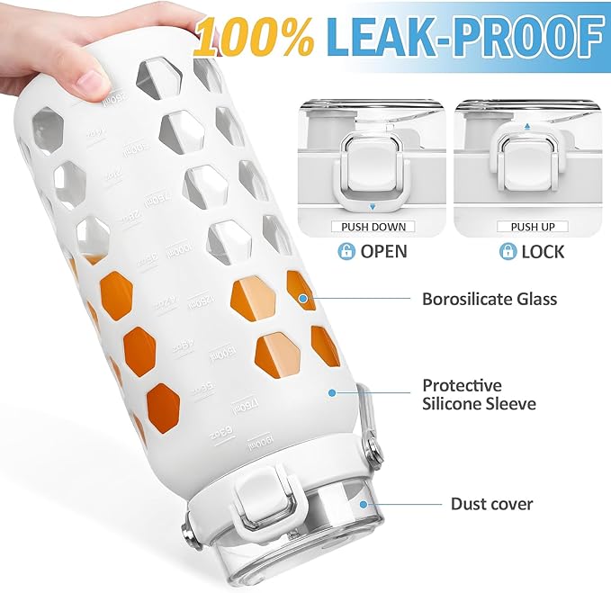 MUKOKO 64oz Glass Water Bottles with Straw and Lid,Half Gallon Water Bottle with Time Marker,Large Glass Water Jug with Silicone Sleeve and Stainless Steel Handle-White