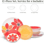 Larder & Vine 12-Piece Melamine Dinnerware Set: Durable, Lightweight, Break-Resistant Plates & Bowls – Stylish, Non-Toxic, Dishwasher Safe – Ideal for Everyday Use, Indoor & Outdoor Dining – Floral