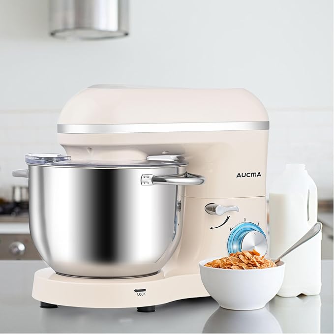 Aucma Stand Mixer, 6.5QT 660W 6-Speed Tilt-Head Food Mixer, Kitchen Electric Stand Mixer with Dough Hook, Wire Whip & Beater (Almond Cream, 6.5QT)
