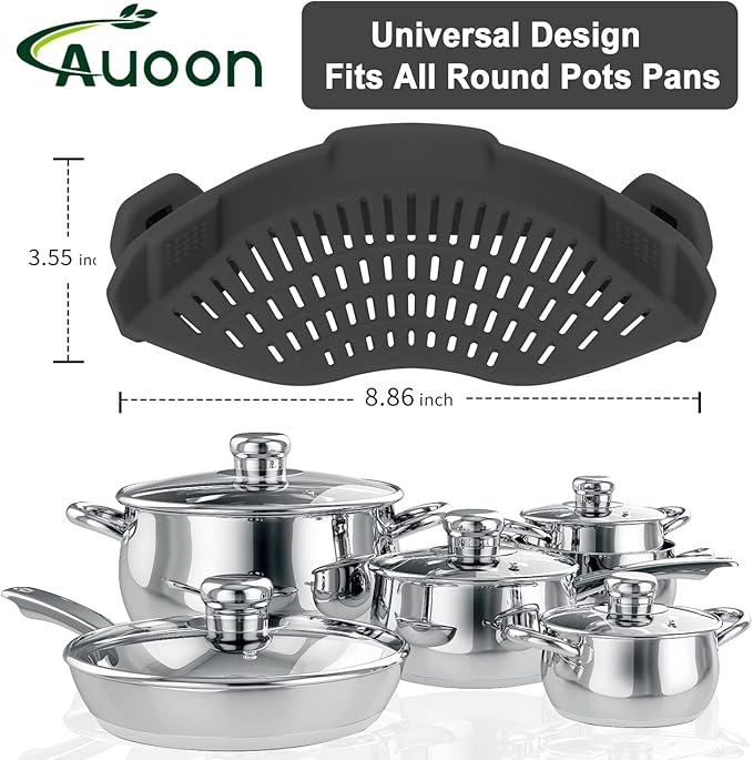 AUOON Clip On Strainer Silicone for All Pots and Pans, Pasta Strainer Clip on Food Strainer for Meat Vegetables Fruit Silicone Kitchen Colander (Gray)