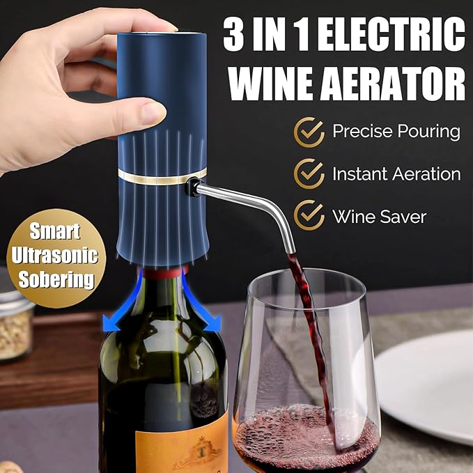 Electric Wine Dispenser, Aerator, Vacuum Wine Pump with Touch LED Display, Wine Temperature Monitor, One Touch Automatic Wine Pourer with USB Rechargeable, Gifts for Men & Women Wine Lovers (Blue)