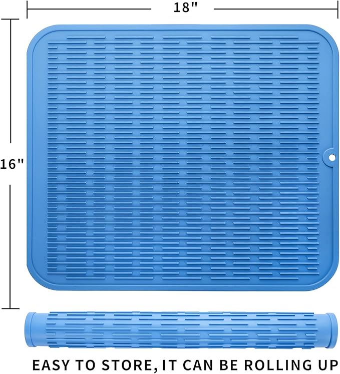 Silicone Dish Drying Mat for Multiple Usage,Easy clean,Eco-friendly,Heat-resistant Silicone Mat for Kitchen Counter or Sink,Refrigerator or Drawer Liner Lichen BlueL XL 18 inches x 16 inches