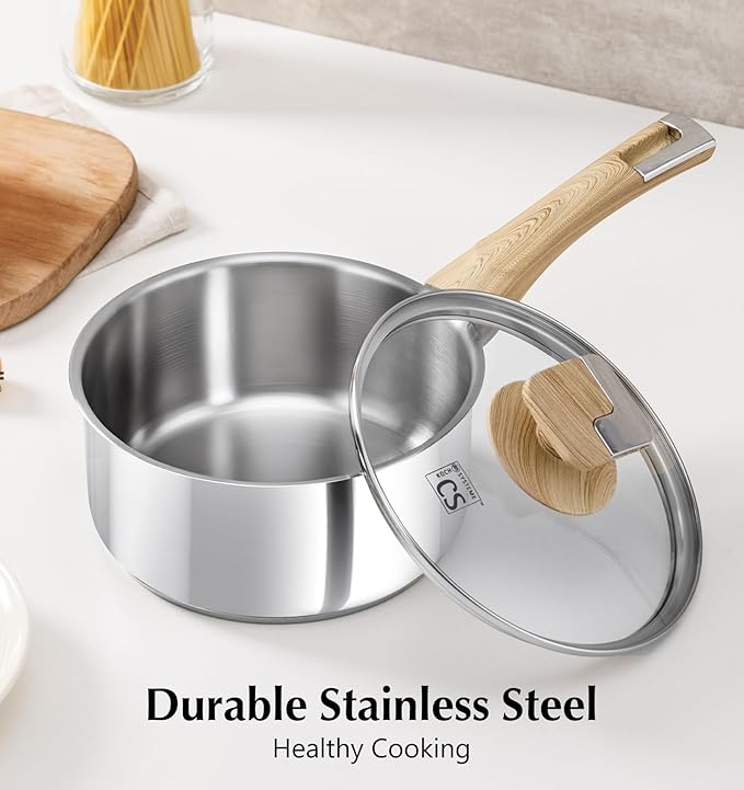 KOCH SYSTEME CS Stainless Steel Saucepan Set, 6 Piece 18/10 Stainless Steel Pots with Lids 1QT 2QT 3QT, Stay Cool Handles, 5 Layer Steel Base Heavy Duty Suce Pan Set, Induction Compatible