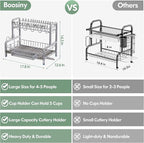 BOOSINY 2 Tier Dish Drying Rack and Drainboard Set, Large Stainless Steel Dish Drainers for Kitchen Counter, Plates Strainer Shelf with Cup Holder（Sliver）