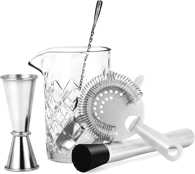 5PCS Crystal Cocktail Mixing Glass Set 18.6oz Bartender kit Cocktail Mixing Set Glass with Spoon, 1/2oz Jigger, Strainer and Muddler for Home Bar Party