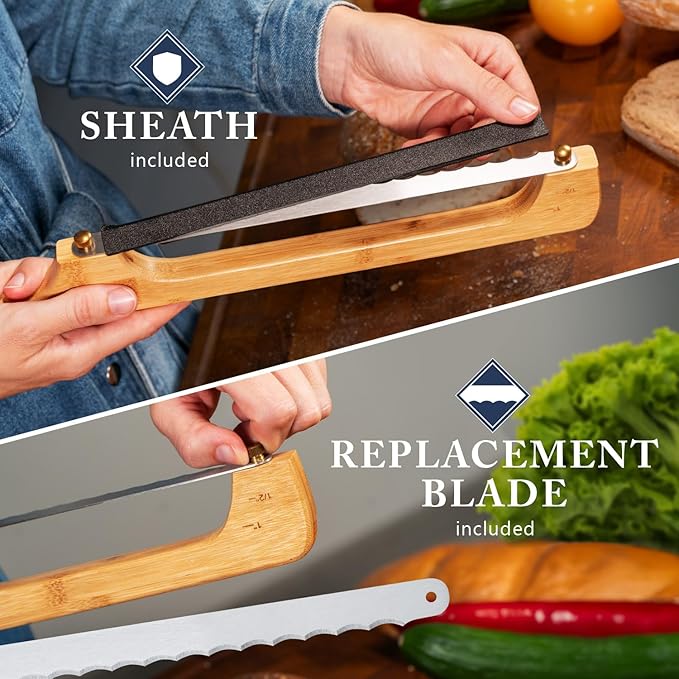 Albert&Grace Bread Bow Pro Knife – Serrated High-Carbon Blade with Sheath & Extra Blade, Thumbscrew Mount for Easy Swap, Right- or Left-Hand Use, Ideal for Sourdough & Bagels