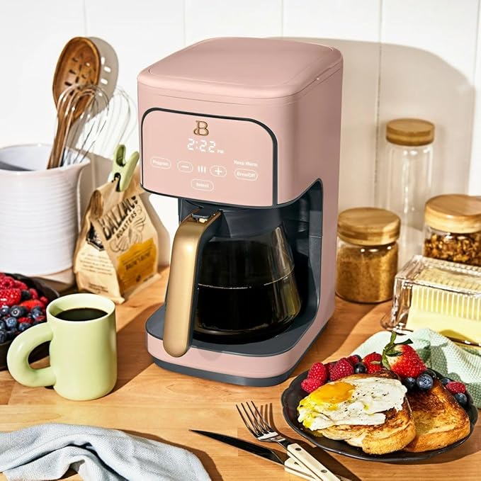 Beautiful 12-Cup Programmable Coffee Maker with Touch-Activated Display, Auto Brew Timer, Reusable Filter & Large Glass Carafe (Rose)