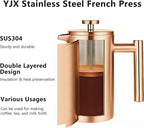 YJX 34oz Coffee Maker, Stainless Steel French Press, 1 Liter Camping Coffee Pot, Tea Maker, 34 Ounce Travel Coffee Presses, Heat Resistant Double Insulated (Coppery)