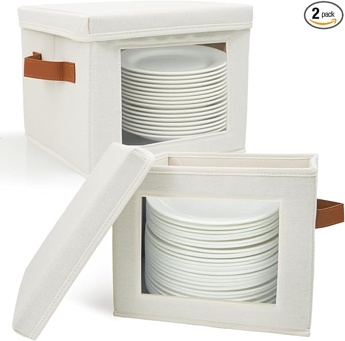 HOMELUX THEORY Plate Storage Box, 2pc 12"x8" Ivory Hard Shell China Storage Containers, Kitchen Storage Bins With Lids, Heavy Duty Moving Box with Handles for Dishes, Dinner Plate & Dinnerware