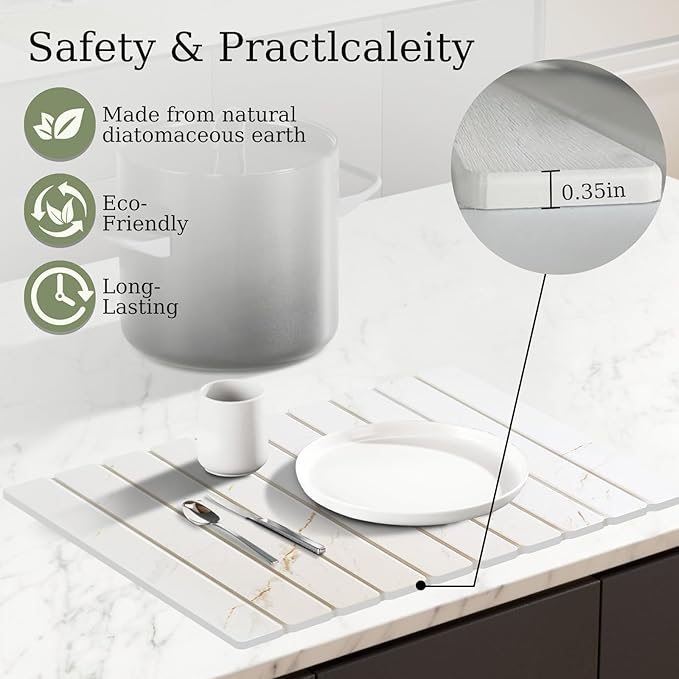 Hopegiver Stone Drying Mat for Kitchen Counter, 23.62"x15.35" Golden Marble Pattern Quick Dry Dish Drying Mat, Absorbent Diatomaceous Earth Mat for Countertop Sink Kitchen Bathroom, with Sanding Block