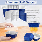 Aoriher 150 Pieces 10 oz Mini Cake Pans with Lids Aluminum Foil Baking Cups Square Disposable 4" x 4" Large Cupcake Cups Baking Tins for Kitchen Brownie Pudding Desserts Holders(Sapphire Blue)