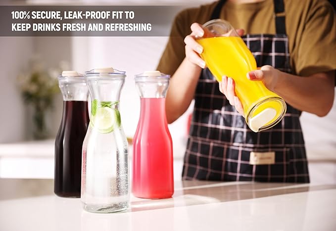 AYL Set of 4 Glass Carafes with Lids (1 Liter) – Clear Glass Water Pitchers and Beverage Serveware for Mimosa Bars, Brunch, Parties, Wine, Juice, Milk, Iced Tea, and Lemonade with Easy-Pour Spout Lids