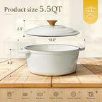 Overmont Enameled Cast Iron Dutch Oven - 5.5QT Pot with Lid Cookbook & Cotton Potholders - Heavy-Duty Cookware for Braising, Stews, Roasting, Bread Baking Pearl White