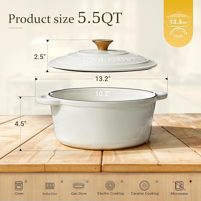 Overmont Enameled Cast Iron Dutch Oven - 5.5QT Pot with Lid Cookbook & Cotton Potholders - Heavy-Duty Cookware for Braising, Stews, Roasting, Bread Baking Pearl White