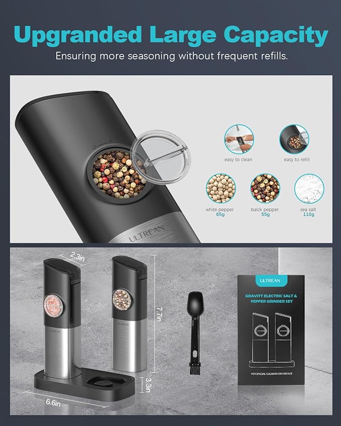Ultrean Pepper Grinder, Rechargeable Gravity Salt and Pepper Grinder with 6 Adjustable Coarseness, LED Light, One-Hand Automatic Operation, Stainless Steel, Gifts for Father‘s Day