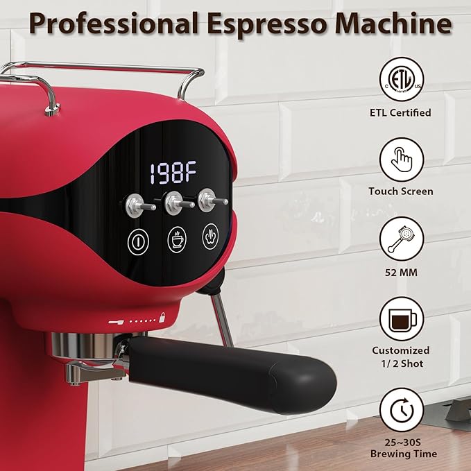 Espresso Machine with Steam Milk Frother Semi Automatic 20 Bar Compact Red with Toggle Switch for home Cafetera Espresso, Latte, Cappuccino, Americano, Macchiato