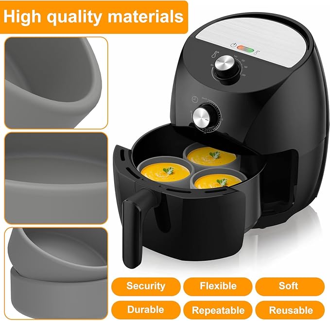 3Pcs Air Fryer Egg Mold 4"×1.3" Silicone Egg Poacher Cups Nonstick Egg Boiler Mold Cup Microwave Eggs Cooker Dishwasher Safe (Grey, 3-Pack)