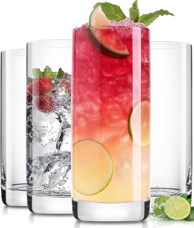 LUNA & MANTHA Highball Glasses Set of 4, 13 OZ Drinking Glass, Lead-Free Crystal Water Glassware, Tall Glass Cups for Mojito, Tom Collins, Cocktail, Home Bar