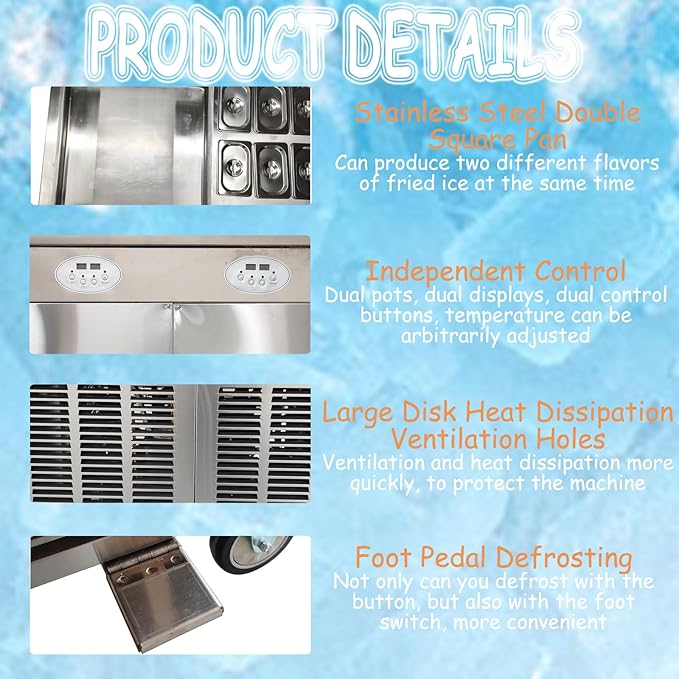 2.8KW Fried Yogurt Cream Machine Stainless Steel Commercial Rolled Ice Cream Maker 18" x 18" Square Stir-Fried Ice Cream Pan Double Pan Commercial Ice Roll Maker with 10 Boxs