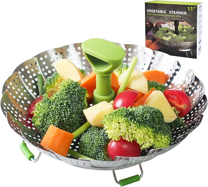 SHIKORI Steamer Basket,Stainless Steel Vegetable Steamer Basket Folding,Folding Expandable Steamers,Expandable to Fit Various Size Pot-Green 11 in