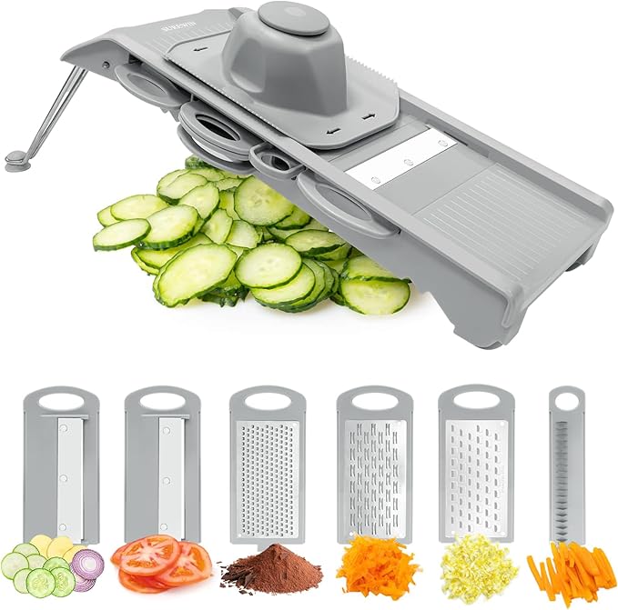 Mandoline Slicer Vegetable Chopper, Fruit Slicer, Cheese Grater & Potato Cutter with 6 Blades, Easy Kitchen Tool, Grey
