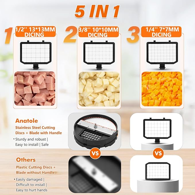 Anatole Electric Vegetable Dicer Slicer Shredder 5 in 1 Commercial Food Processor 16-Cup 300W Stainless Steel Veggie Chopper Heavy Duty with 5 Blades Auto Discharge for Potato Onion Carrot